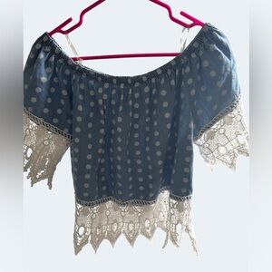 Polka Dot Off-Shoulder Top with Lace Trim by Helium London size L